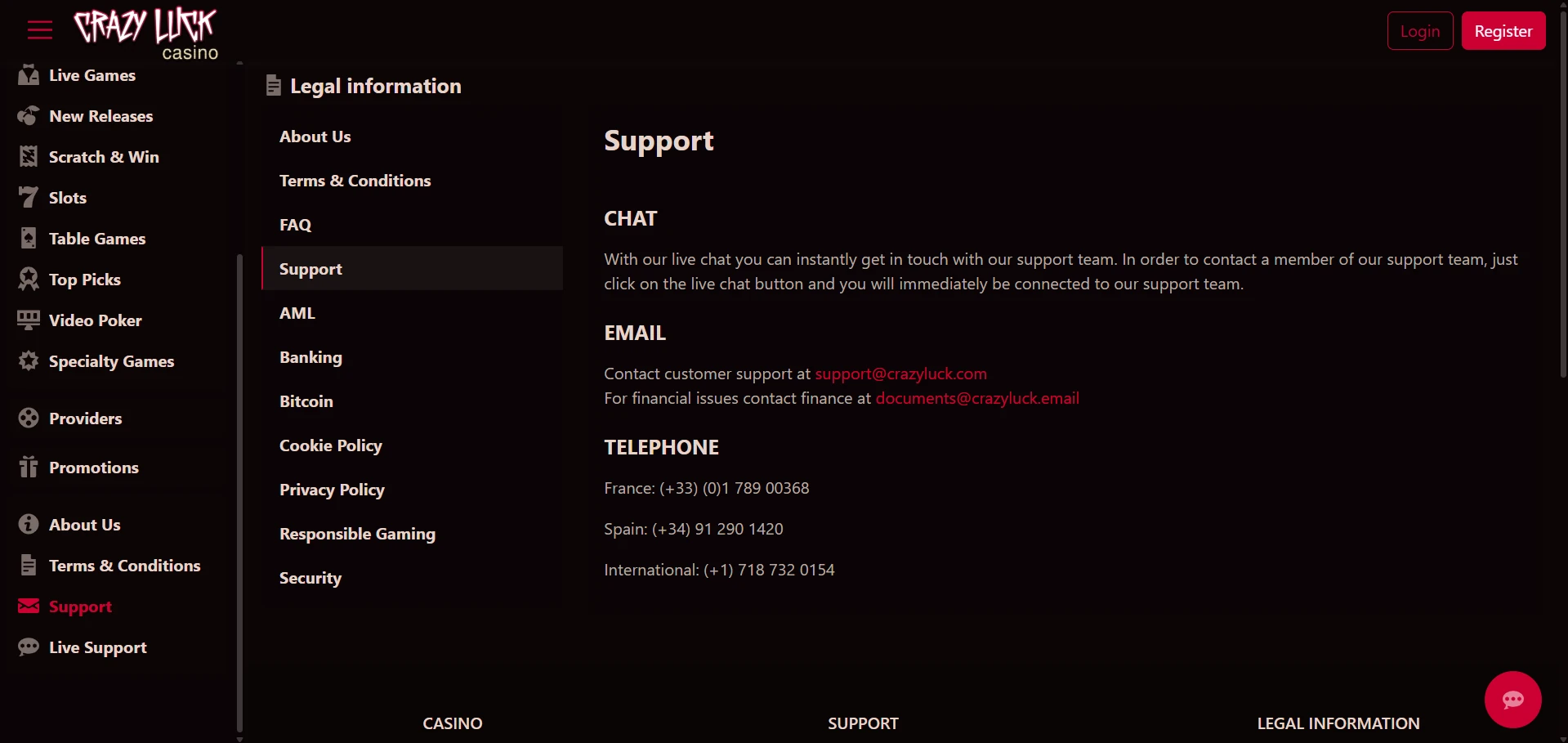 Crazy Luck Casino support contact options