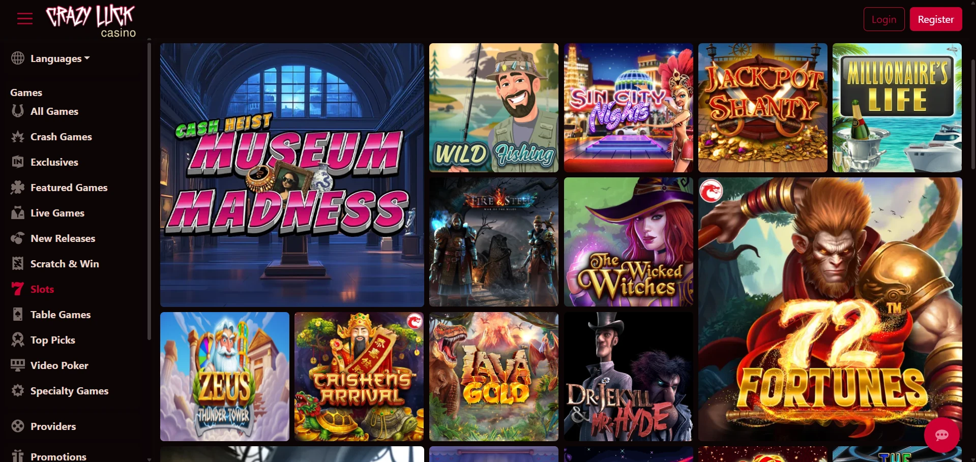 Crazy Luck Casino games lobby with game icons