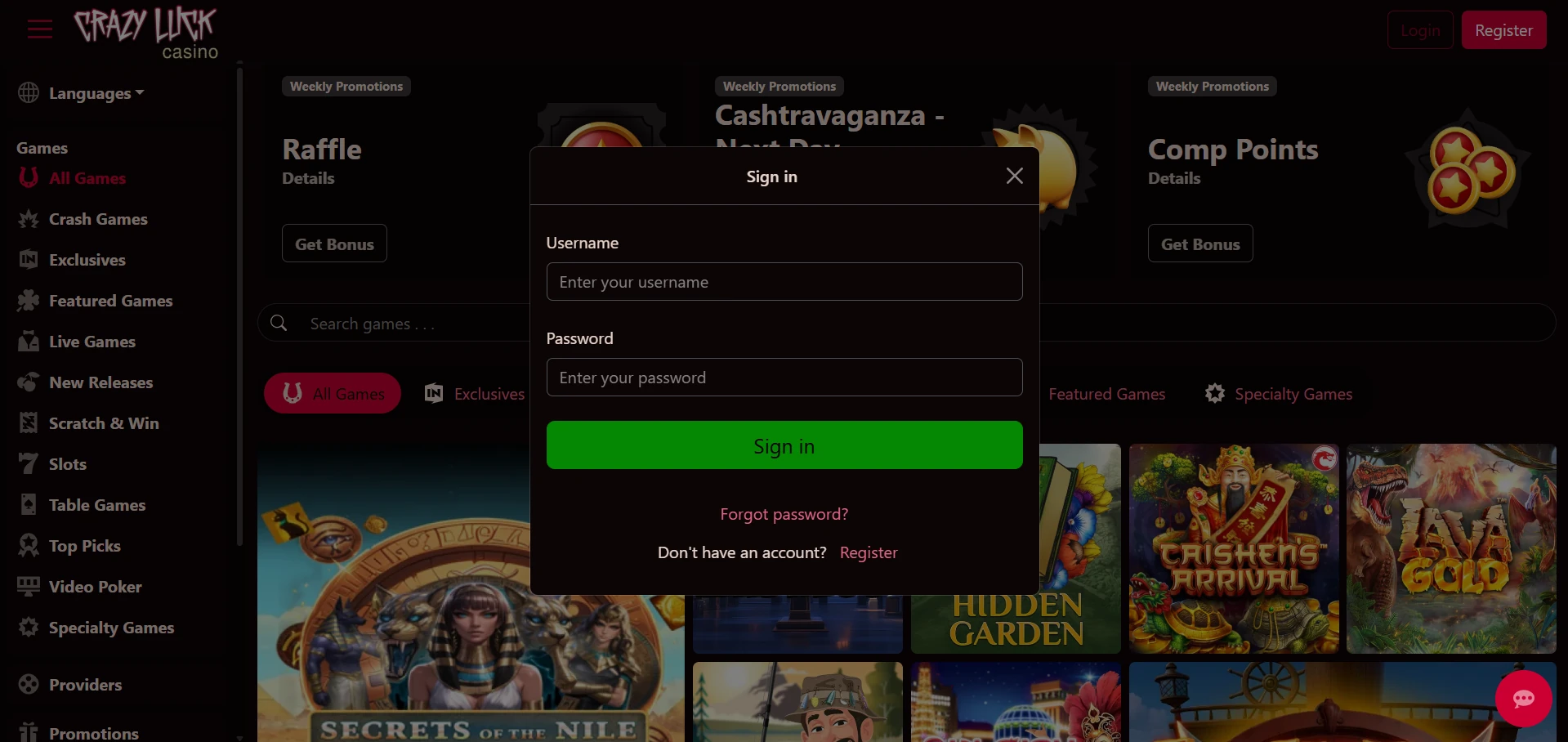 Crazy Luck Casino login form
