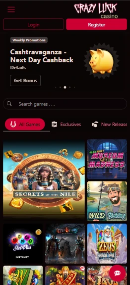 Crazy Luck Casino mobile site on a smartphone screen